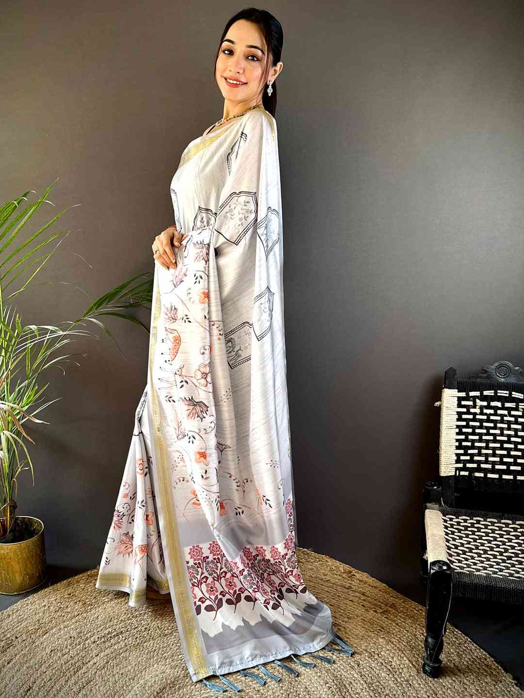 Grey Forest Phulkari Kalamkari Print Saree by My Store