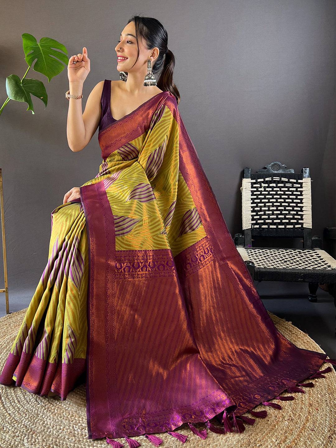 Green Tussar Silk Zari Weaving Ikkat Saree by My Store