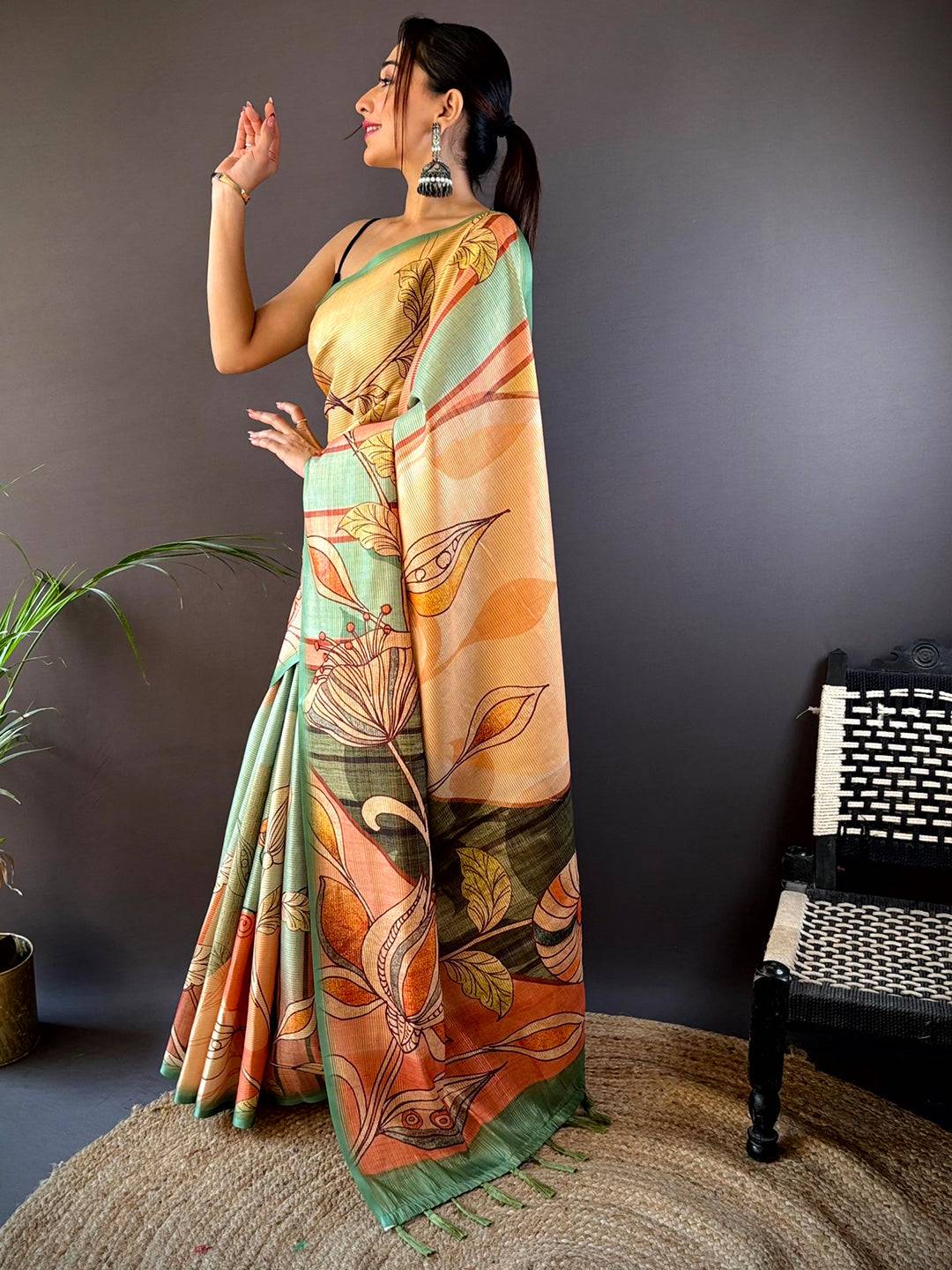 Jade Green Zari Tussar Printed Saree by My Store