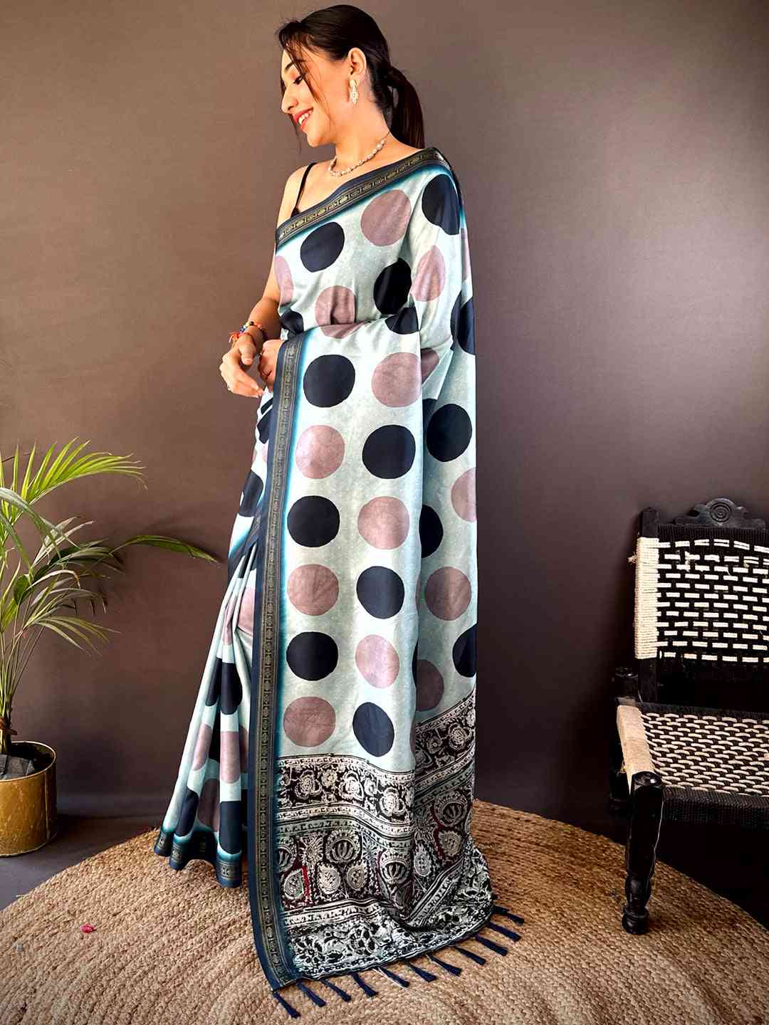 Sky Blue Soft Silk Polka Dot Print Saree by My Store
