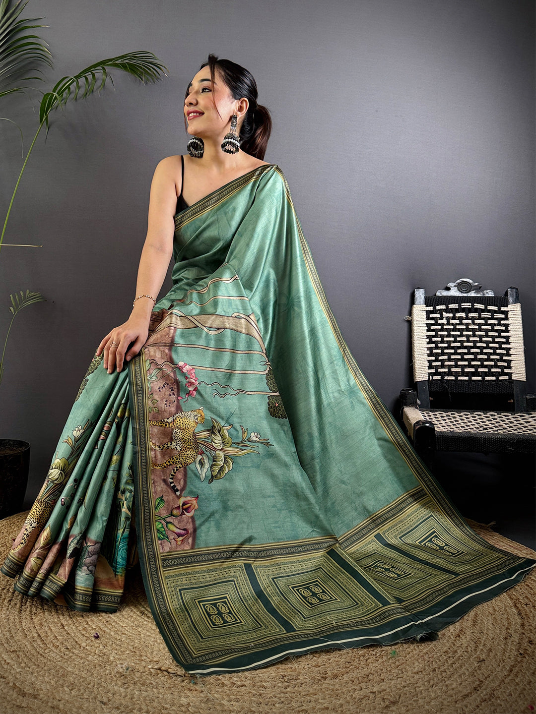 Green Soft Dola Silk Printed Saree by My Store