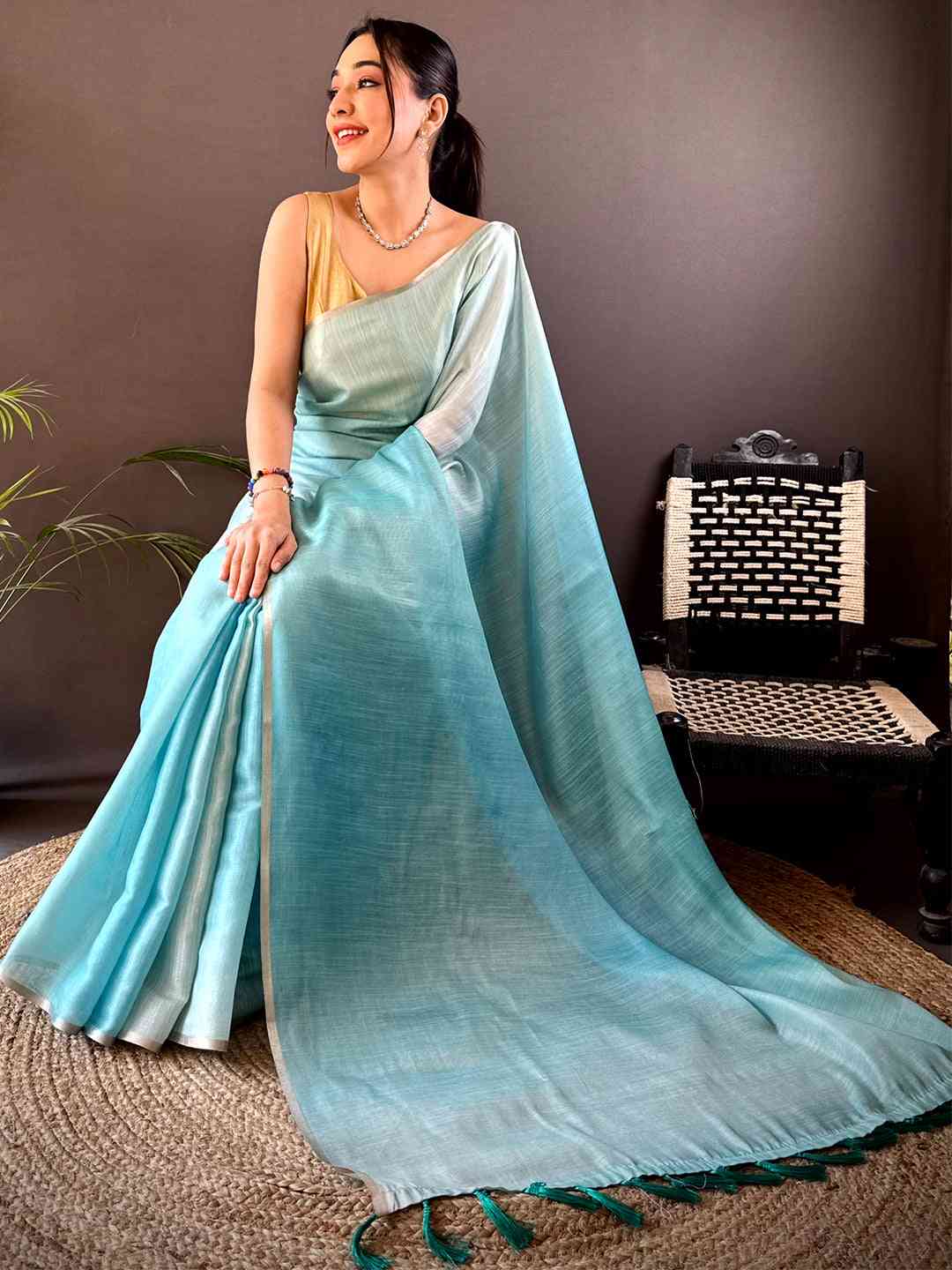 Sky Blue Ombre Chanderi Tissue Saree by My Store