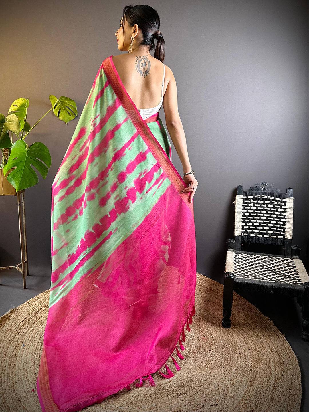 Pista Shibori Print Linen Saree by My Store