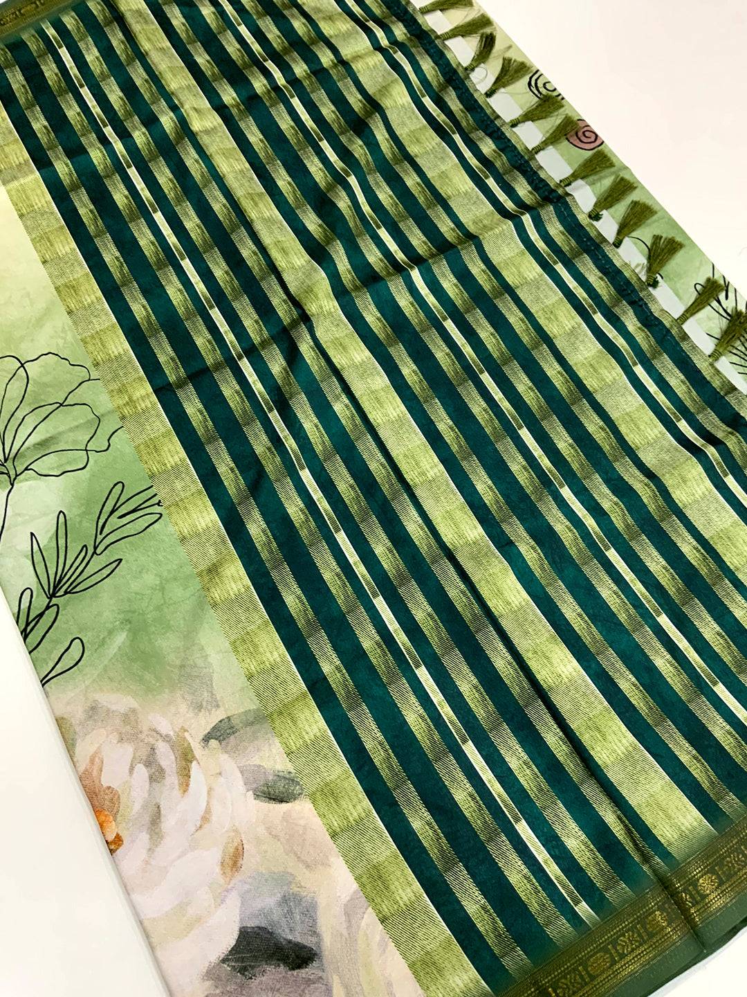 Sea Green Soft Silk Watercolor Floral Print Saree by My Store