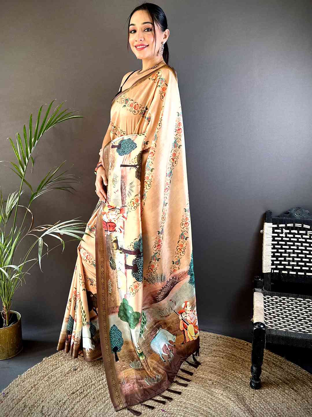 Peach Jungle Printed Silk Saree by My Store