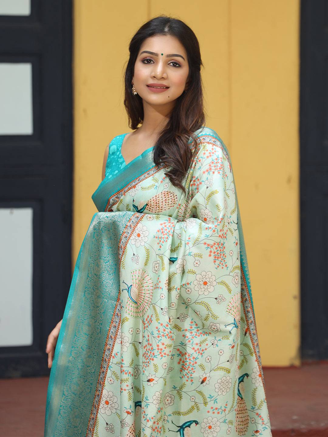 Pista Hand Kalamkari Printed Pure Viscose Dola Silk Saree - Luxe