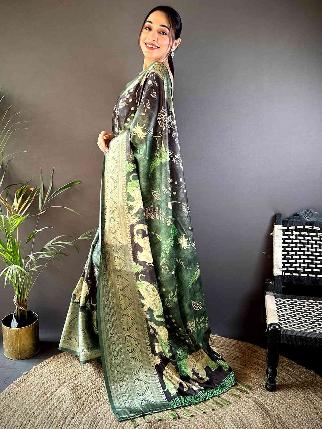 Green Soft Silk Animal Bandhej Saree by My Store