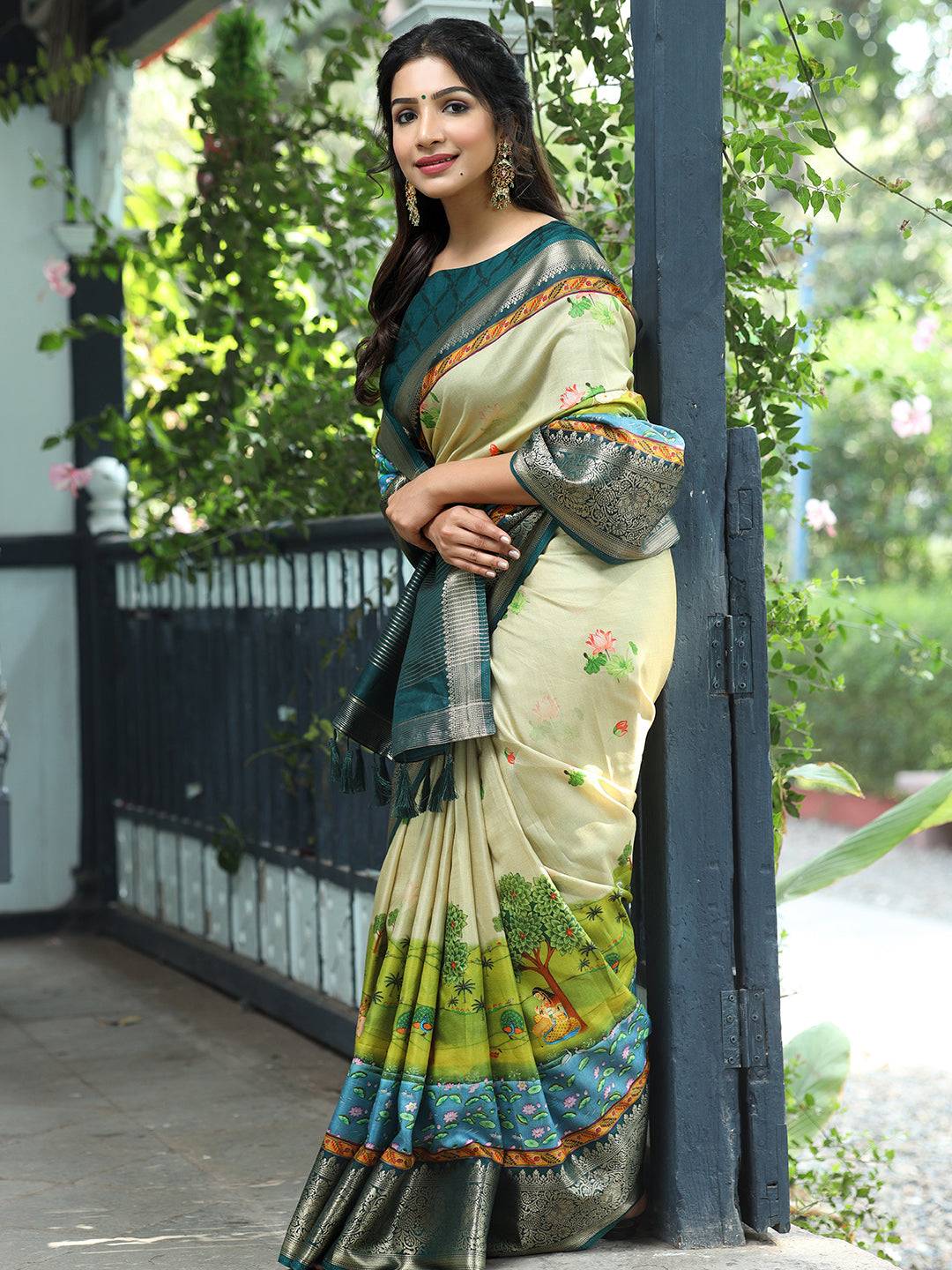 Pichwai Print Zari Weaving Pallu Saree In Pista Colour - Luxe by My Store