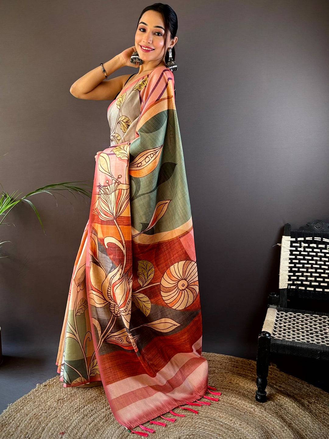 Rose Pink Zari Tussar Printed Saree by My Store