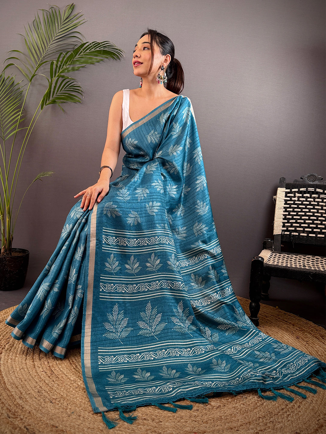 Teal Blue Leaf Print Ghicha Handloom Saree by My Store