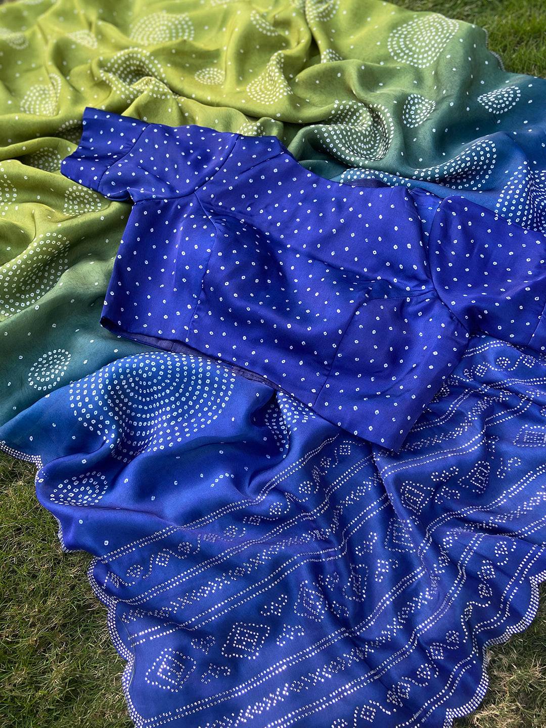 Lime Georgette Silk Saree with Ombre Bandhej Print & Swaroski Stone Work by My Store