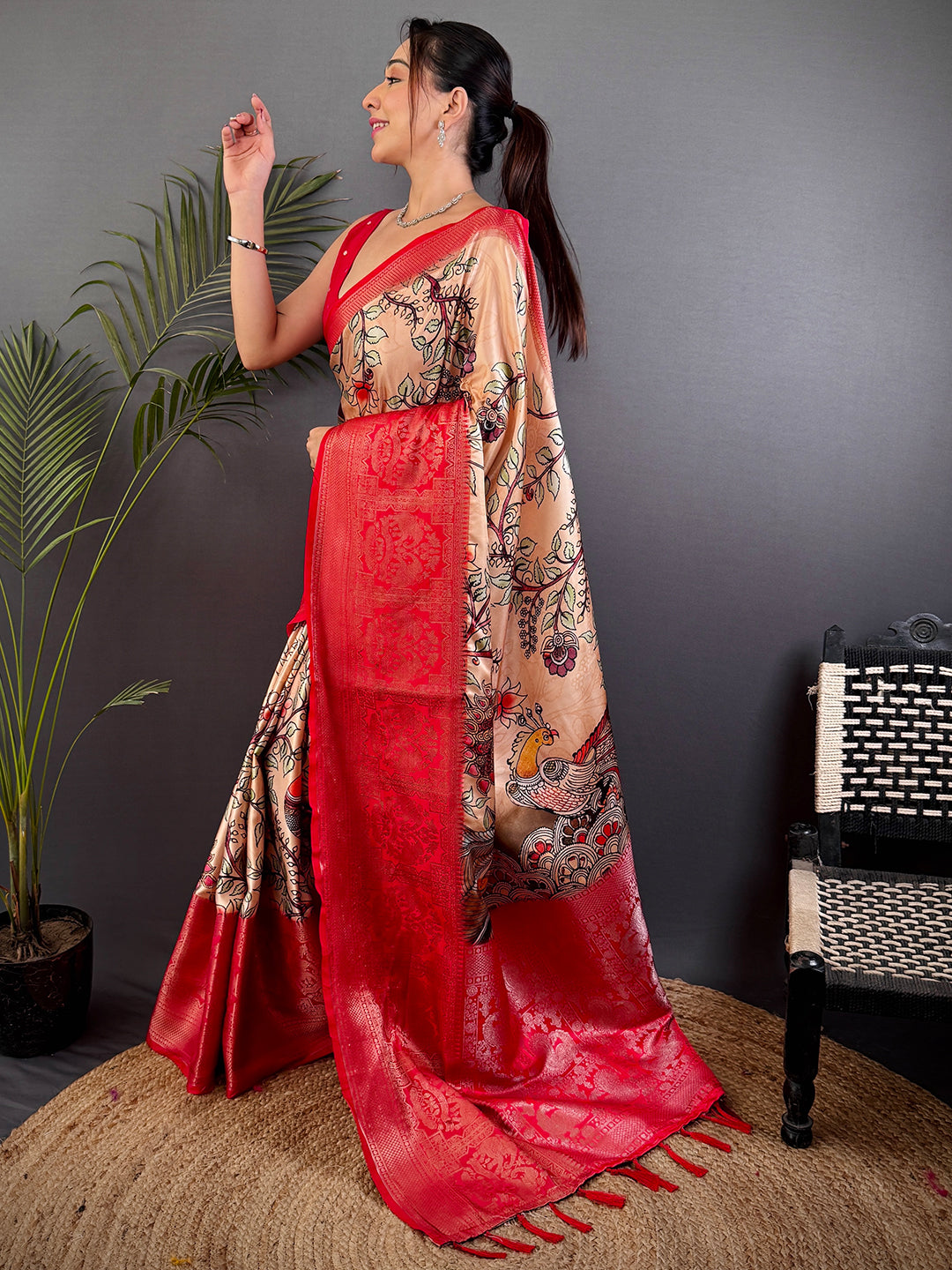 Peach Kalamkari Printed Soft Satin Saree by My Store