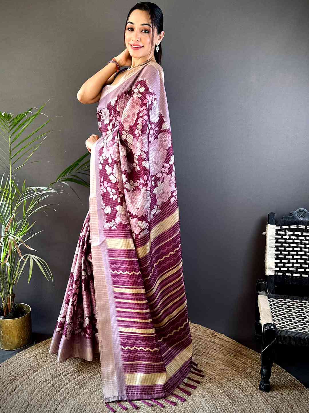 Wine Tussar Chex Floral Saree