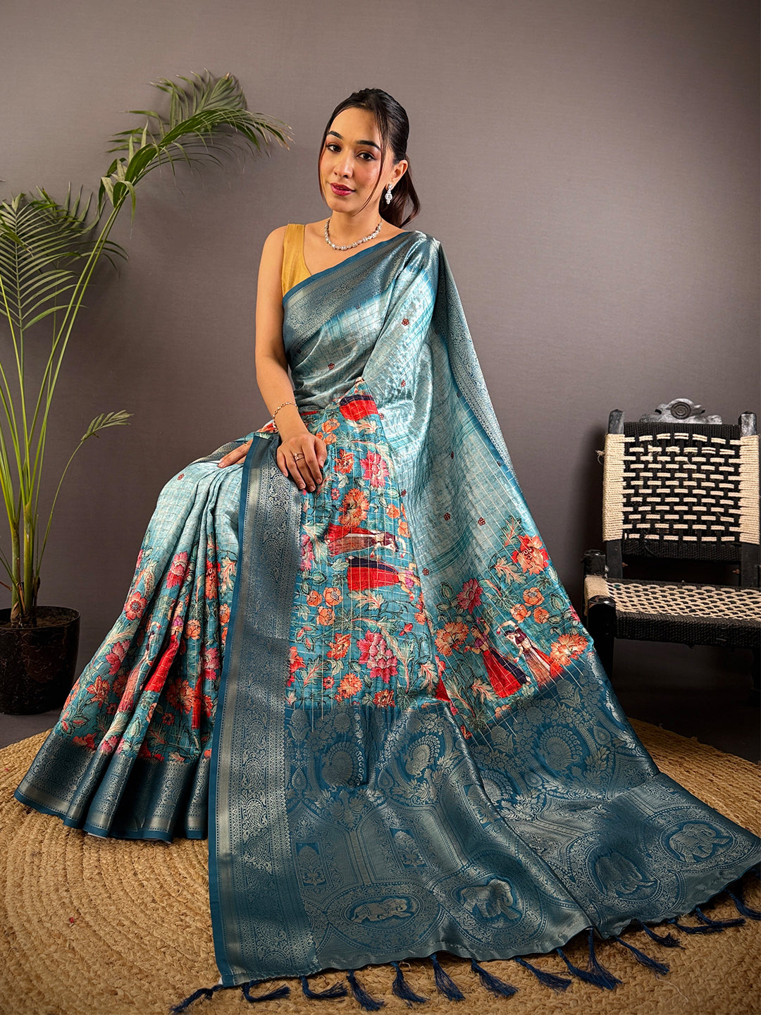 Denim Blue Banarasi Silk Digital Printed Saree by My Store