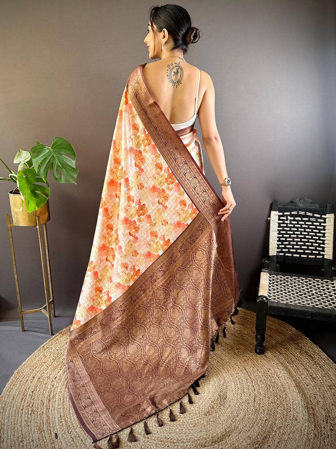 Sunset Orange Floral Saree by My Store