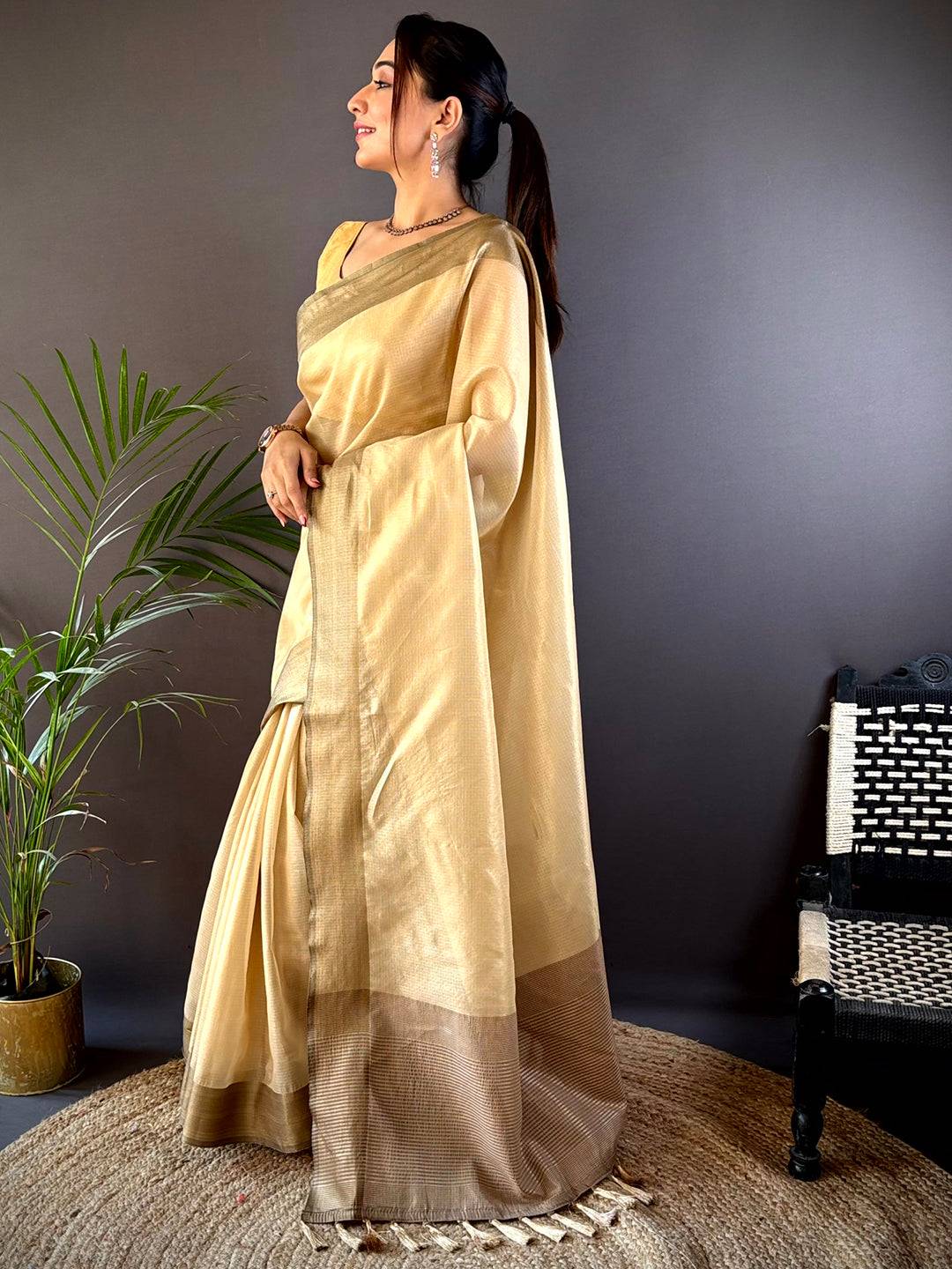 Gold Banarasi Tissue Silk Butti Design Saree by My Store