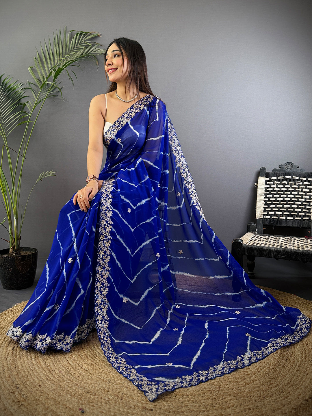 Blue Soft Georgette Bandhej Print Saree