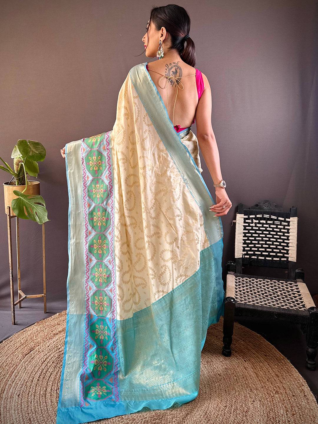 White Katan Silk Ikkat Saree
