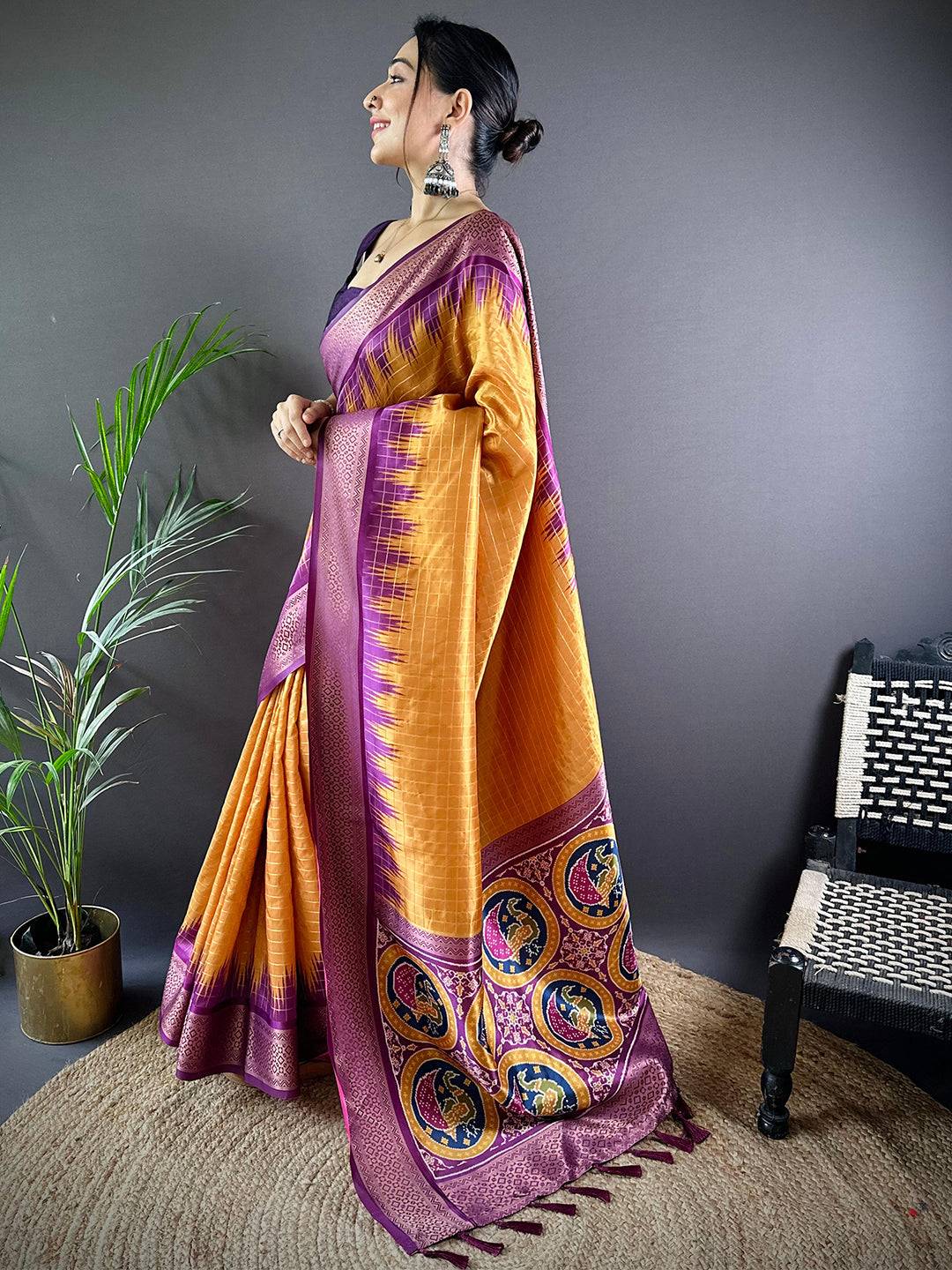 Desert Gold Chex Banarasi Silk Saree by My Store