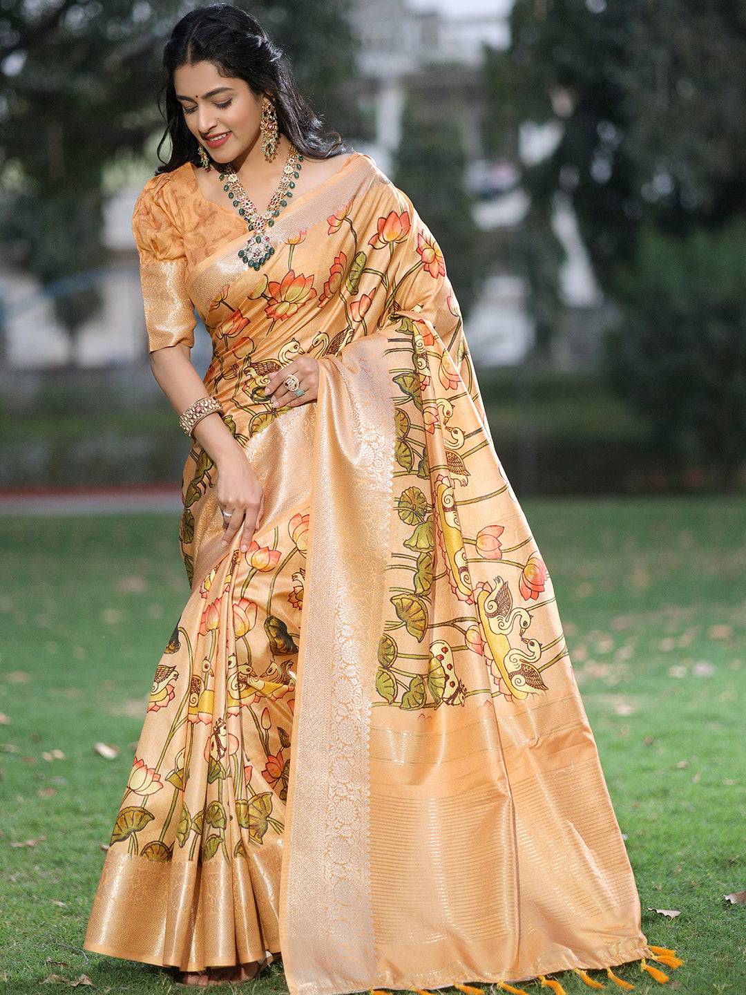 Peach Pure Viscose Dola Silk Saree With Pichwai And Mughal Print - Luxe by My Store