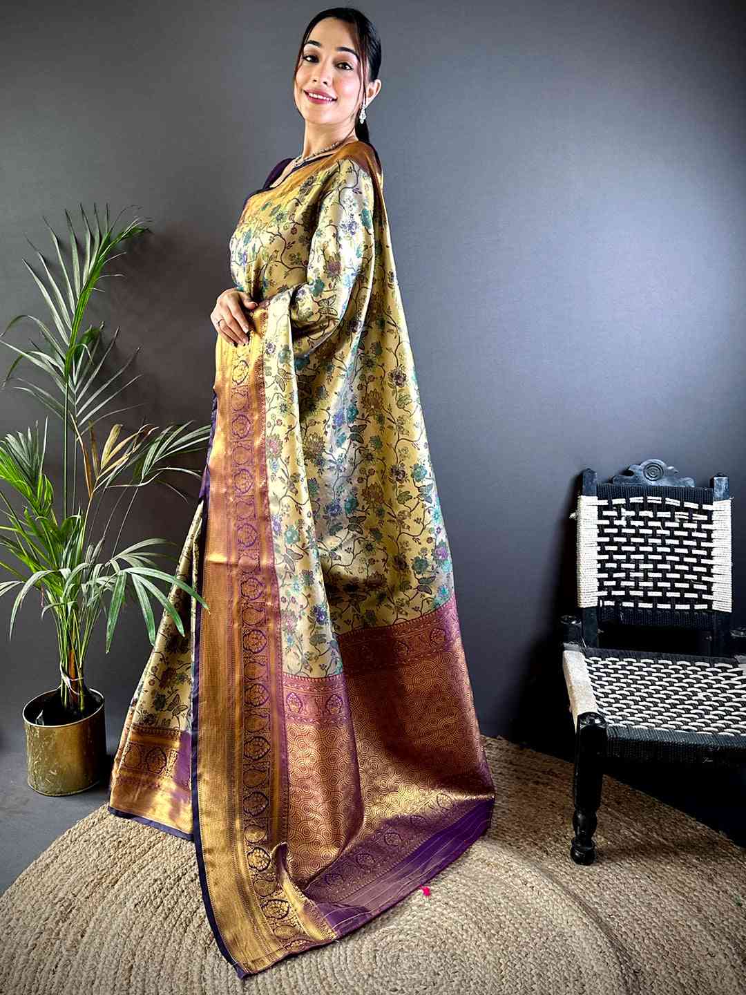 Graceful Brown Butterfly Floral Dharmavaram Saree by My Store
