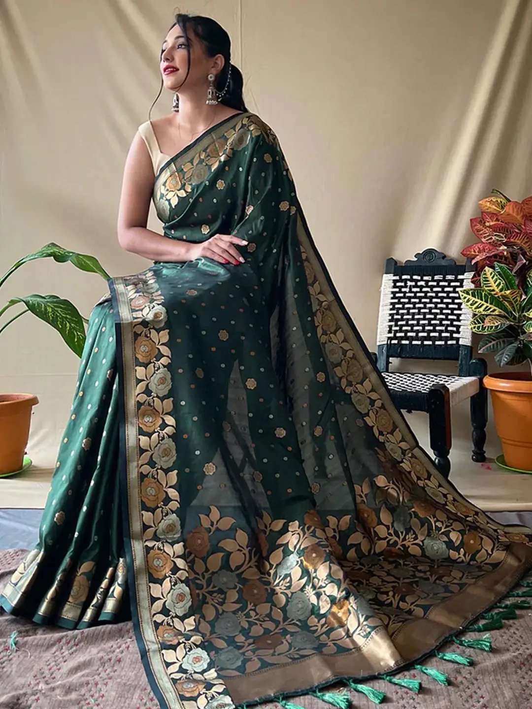 Bottle Green Colour Banarasi Silk Zari Woven Saree by My Store