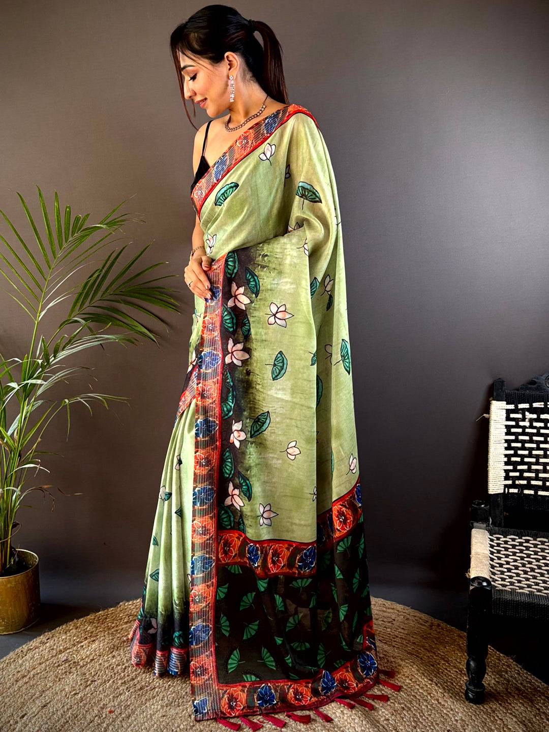 Green Georgette Pichwai Print Saree by My Store