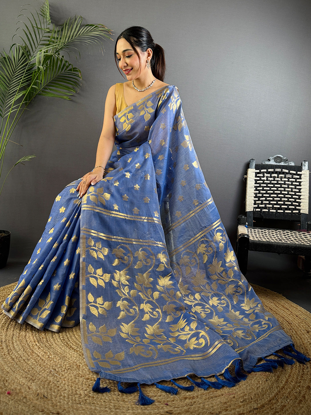 Radiance Blue Dhakai Cotton Silk Saree by My Store