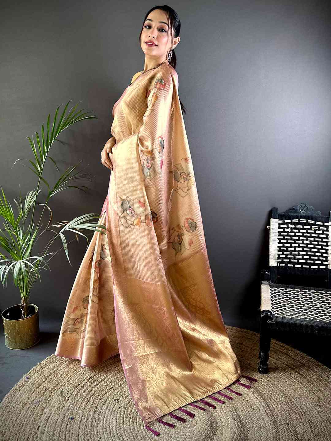 Stylish Dark Wine Self Gold Zari Floral Print Saree by My Store