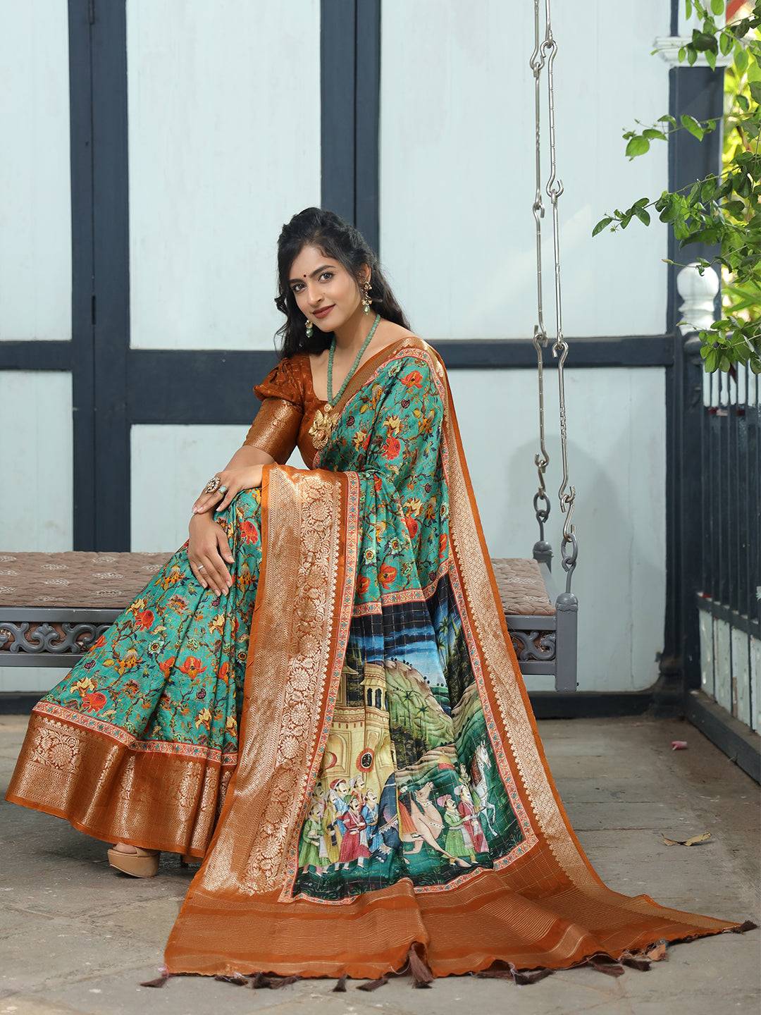 Turquoise Colour Pure Viscose Dola Silk Saree With Mughal Motifs - Luxe
