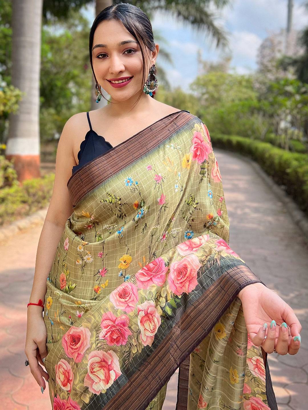 Pista Soft Silk Copper Zari Weaving Digital Floral Saree by My Store