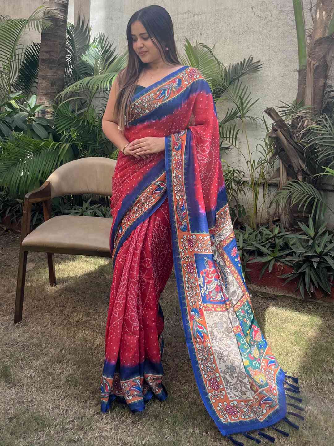 Red Colour Design Linen Saree with Bandhej and kalamkari Digital Print by My Store