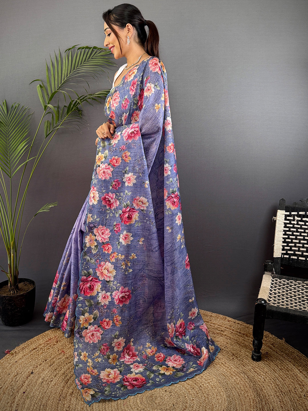 Denim Blue Kota Doriya Floral Cut Work Saree by My Store