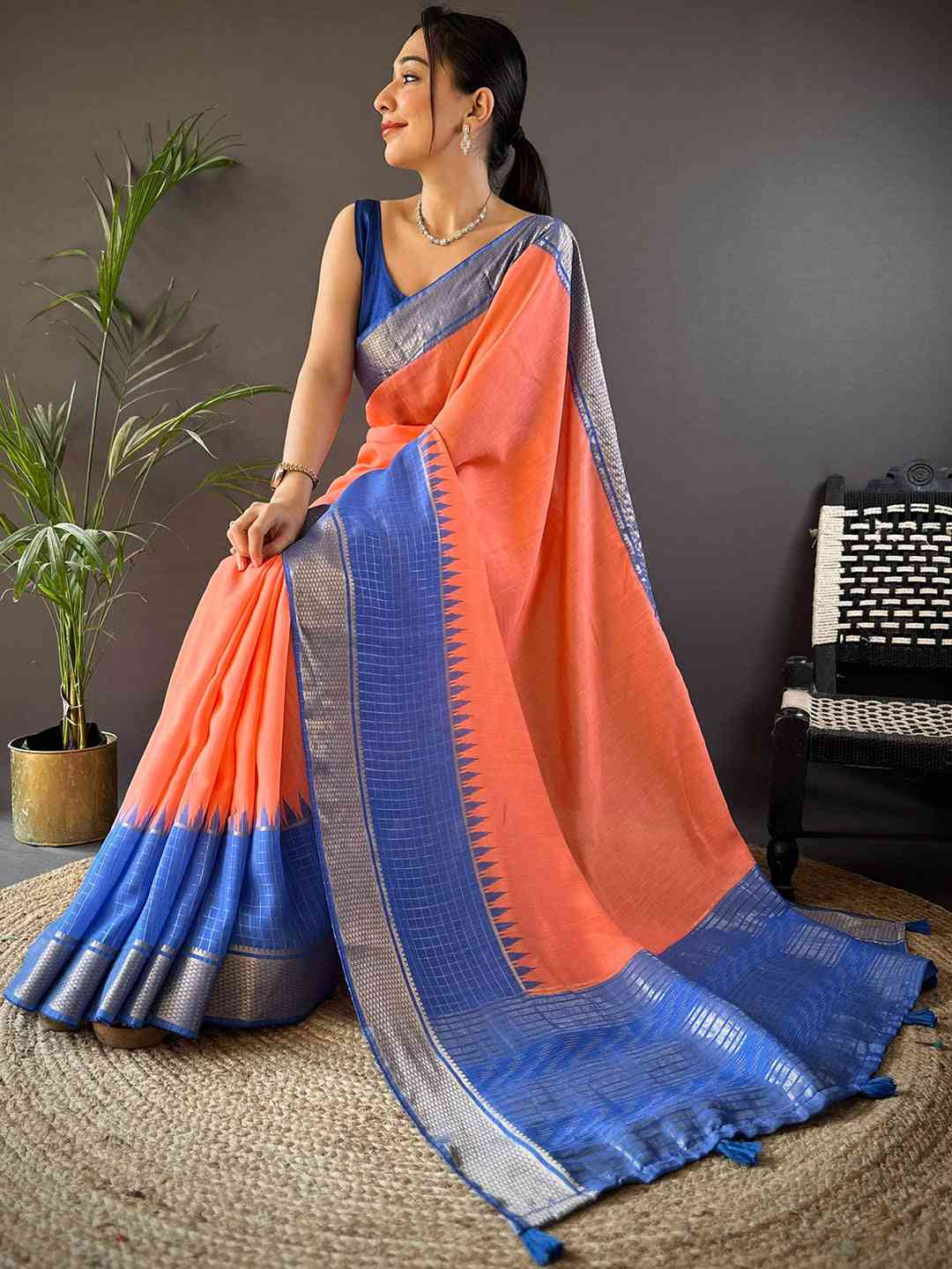 Peach Zari Pallu Cotton Viscose Saree by My Store