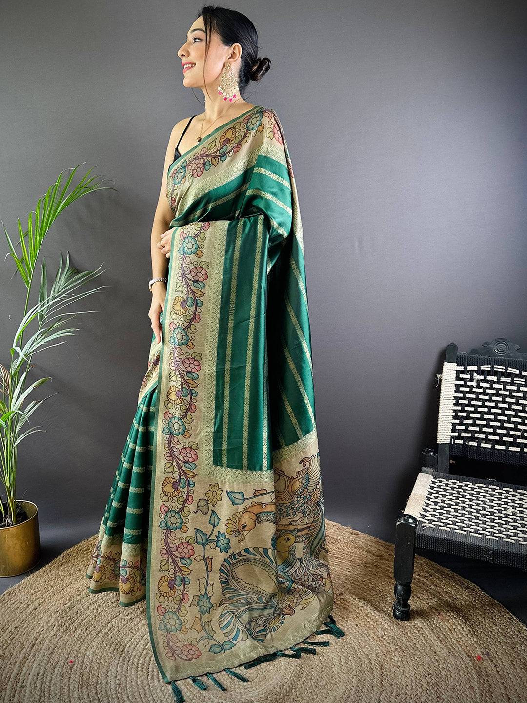 Green Geometric Zari And Kalamkari Silk Saree by My Store