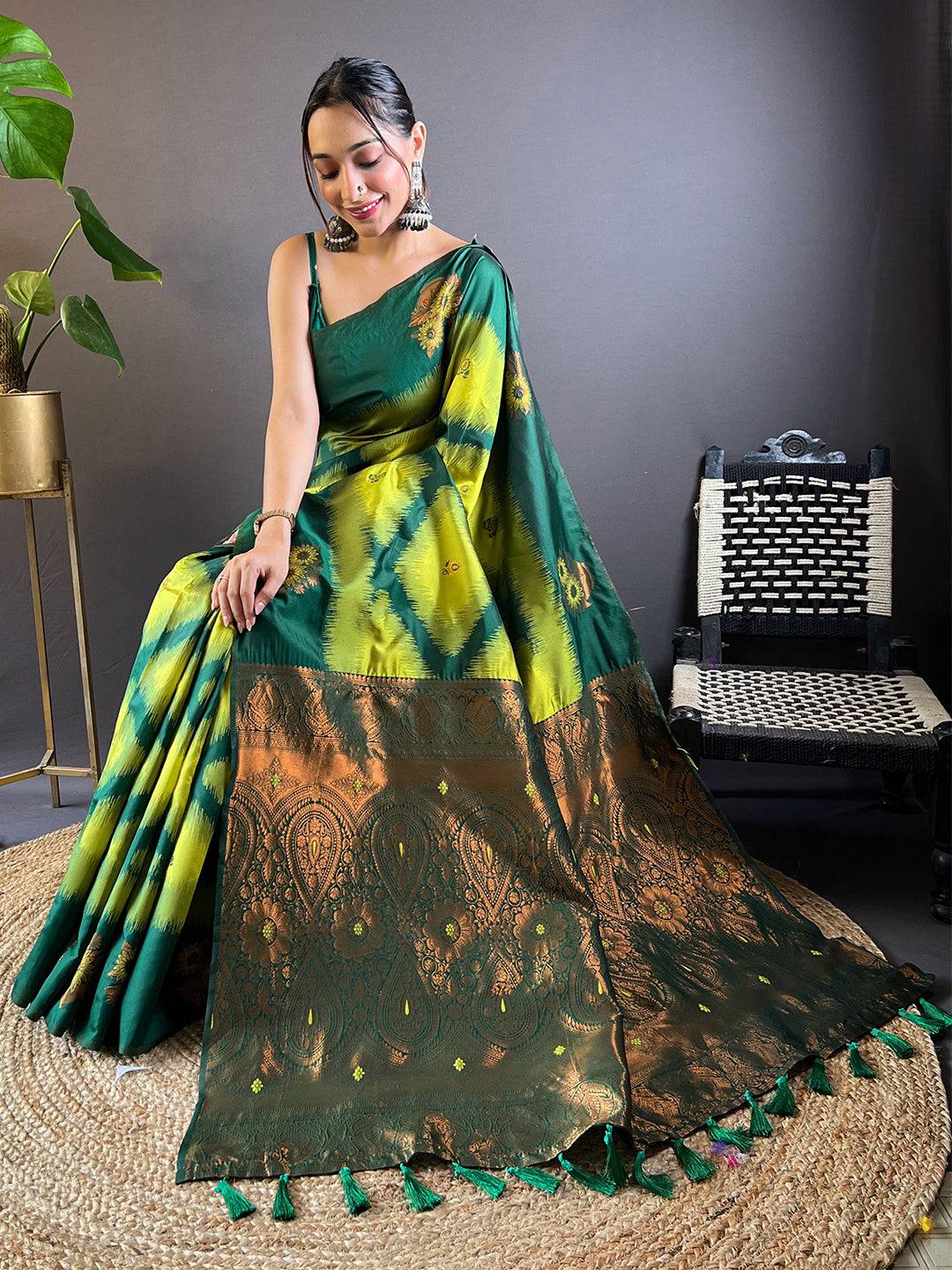 Green Tussar Silk Ikkat Weaving Saree by My Store