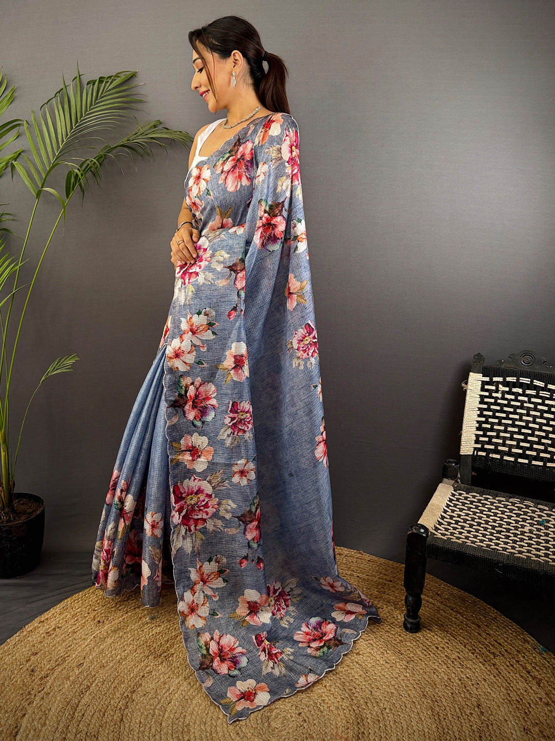 Dusty Blue Kota Floral Digital Cut Work Saree by My Store