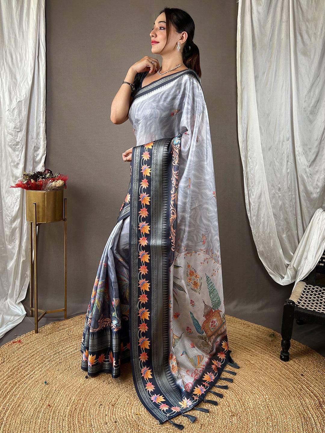 Dove Grey Kota Satin Border Saree by My Store