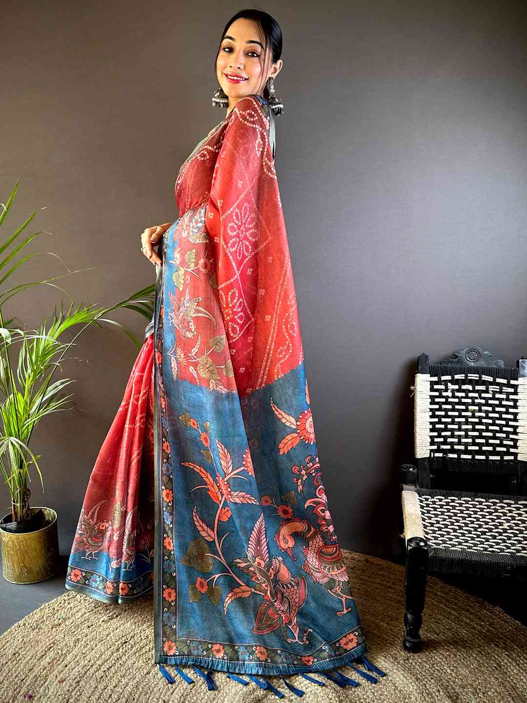 Red Tissue Bandhej Kalamkari Saree by My Store
