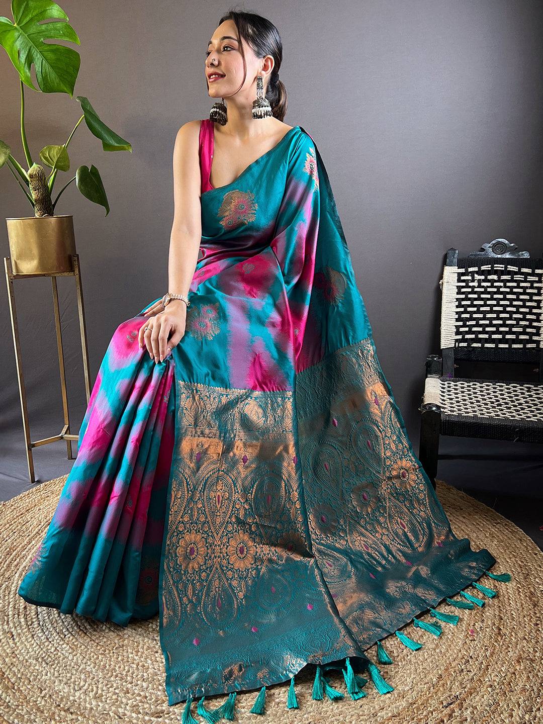 Rani Tussar Silk Ikkat Weaving Saree by My Store