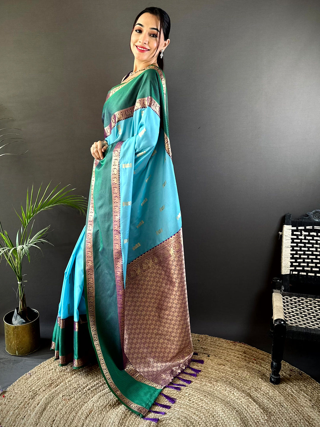 Sky Blue Gadhwal Pure Soft Silk Saree by My Store