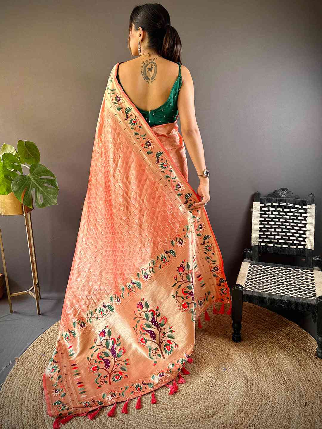 Peach Silk Blend Woven Zari Work Paithani Saree by My Store