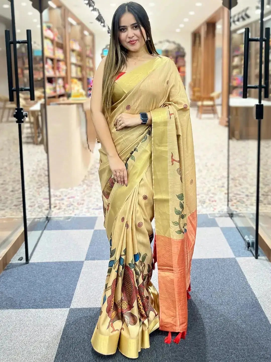 Incredible Pen Kalamkari Linen Tissue Soft Saree by My Store