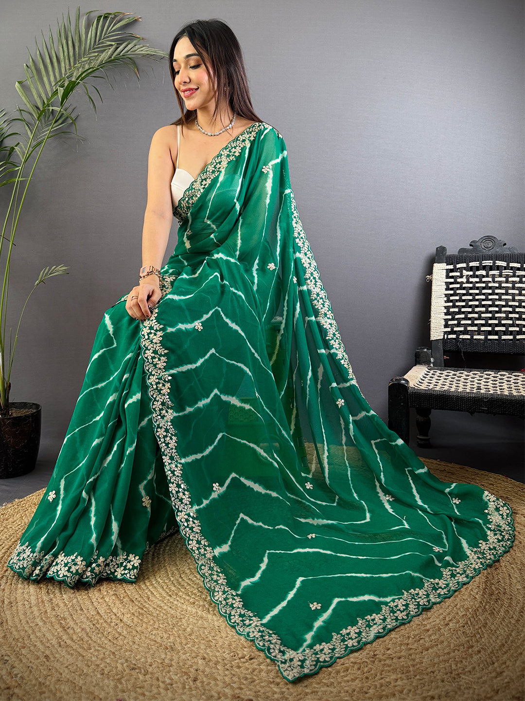Green Soft Georgette Bandhej Print Saree by My Store