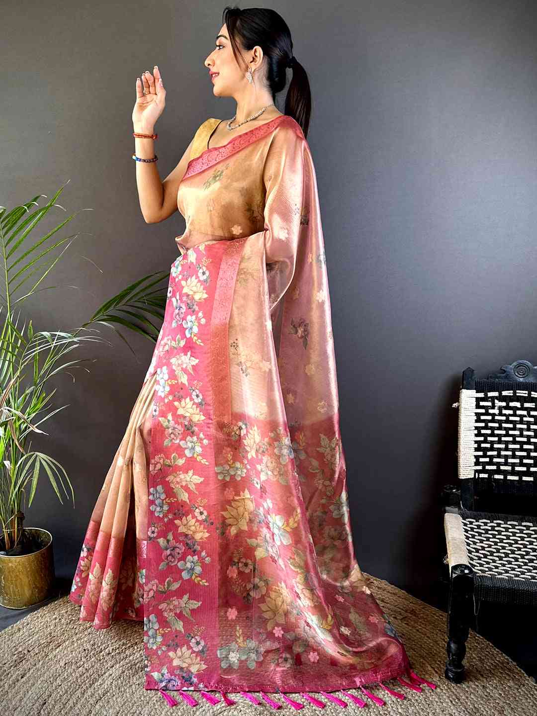 Red Tissue Digital Floral Saree by My Store