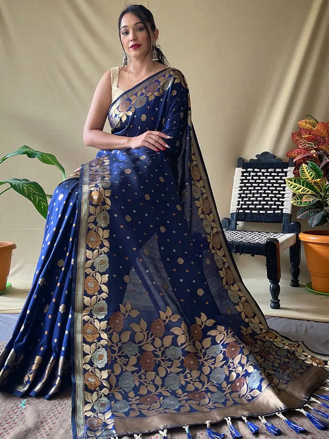Navy Blue Colour Banarasi Silk Zari Woven Saree by My Store
