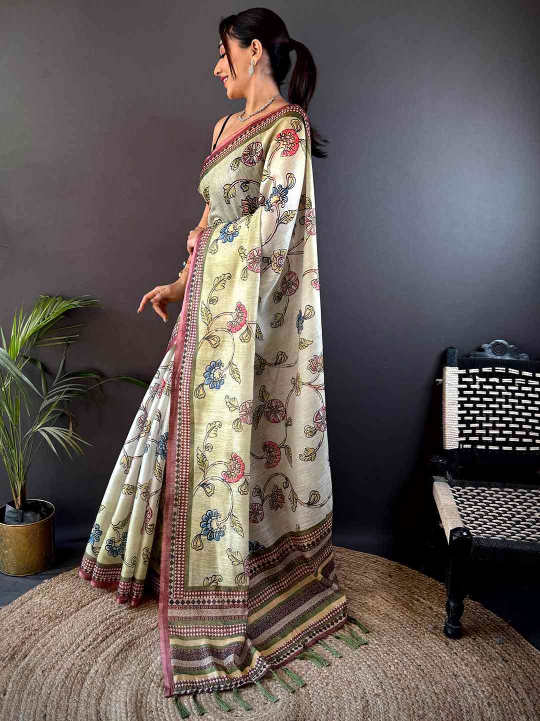 Swamp Green Zari Tussar Floral Saree by My Store