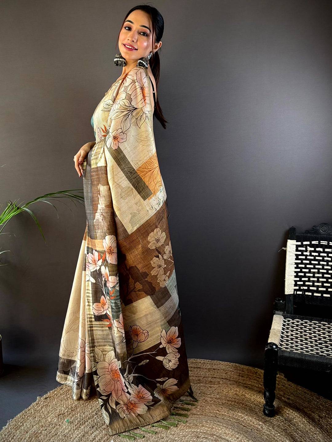 Dark Khaki Semi-Gold Zari Abstract Tussar Saree by My Store