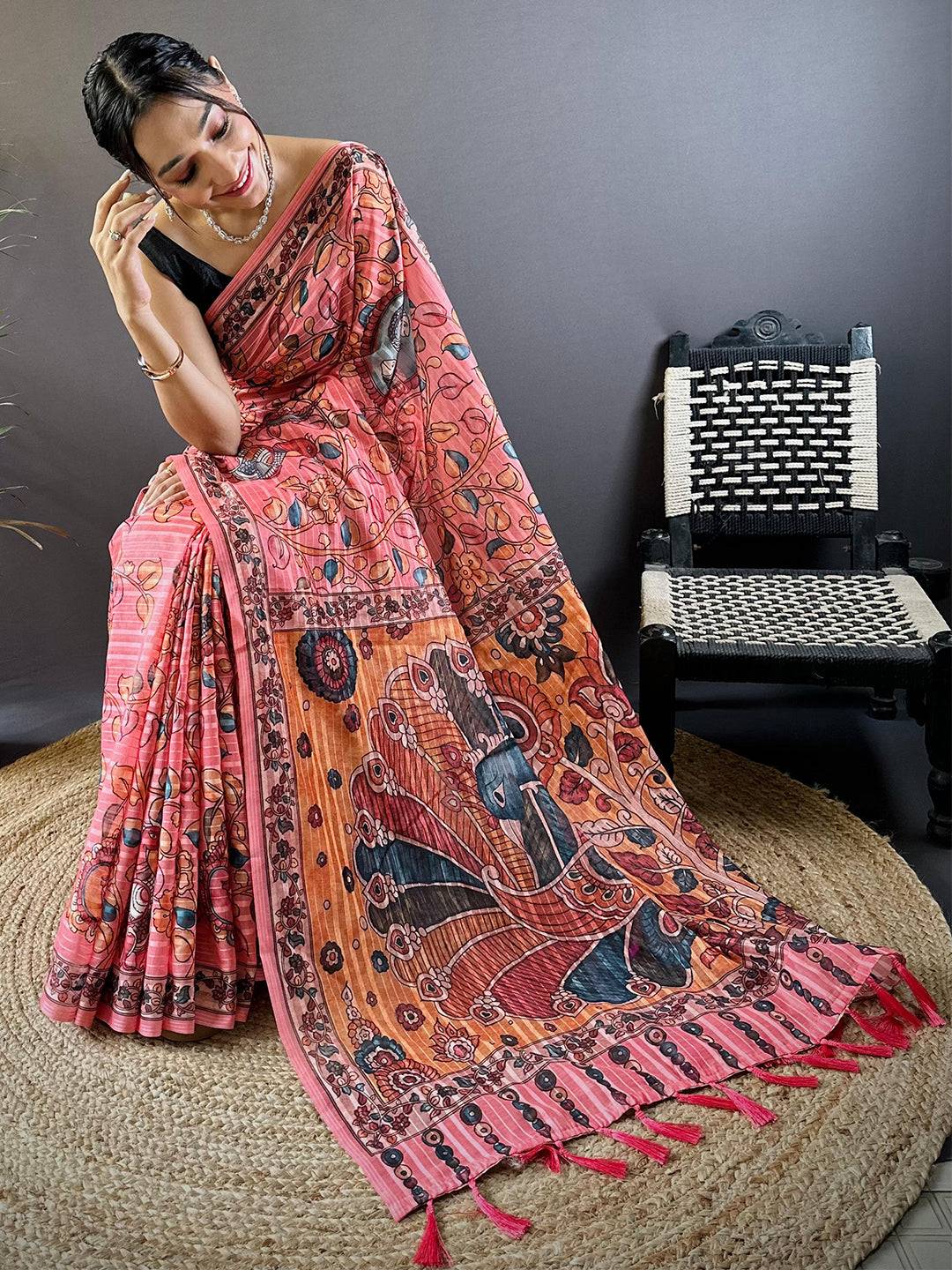 Coral Rose Kalamkari Saree by My Store