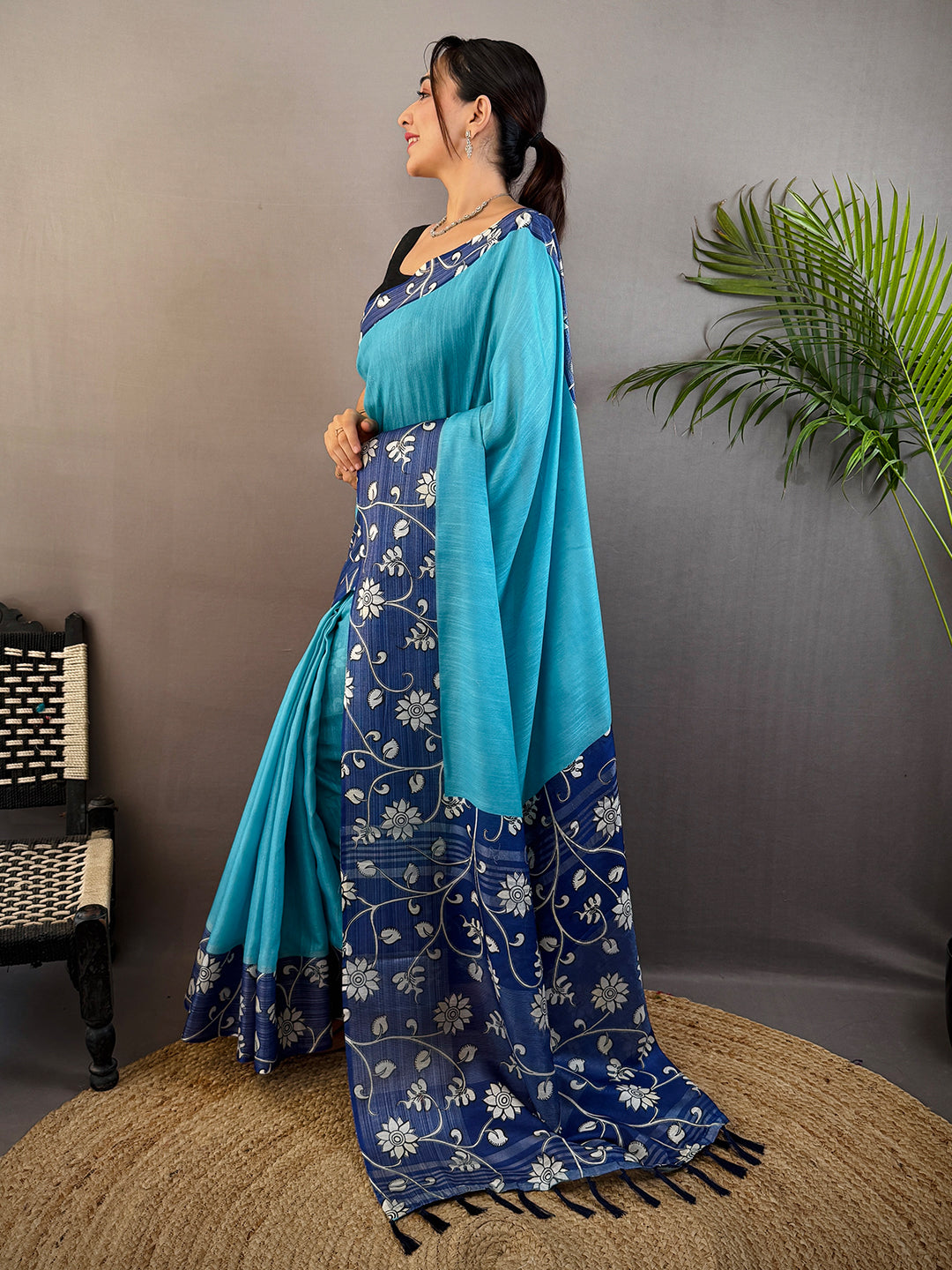 Sky Blue Linen Kalamkari Print Saree by My Store